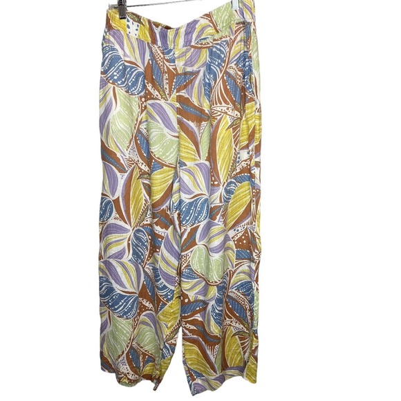 C&C California 100% Linen Tropical Floral Wide Leg Pull On Crop Pants L‎ Beachy - Picture 1 of 4